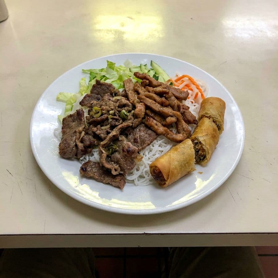 63. Lemon Grass Beef, Marinated pork, spring roll with Rice Vermicelli