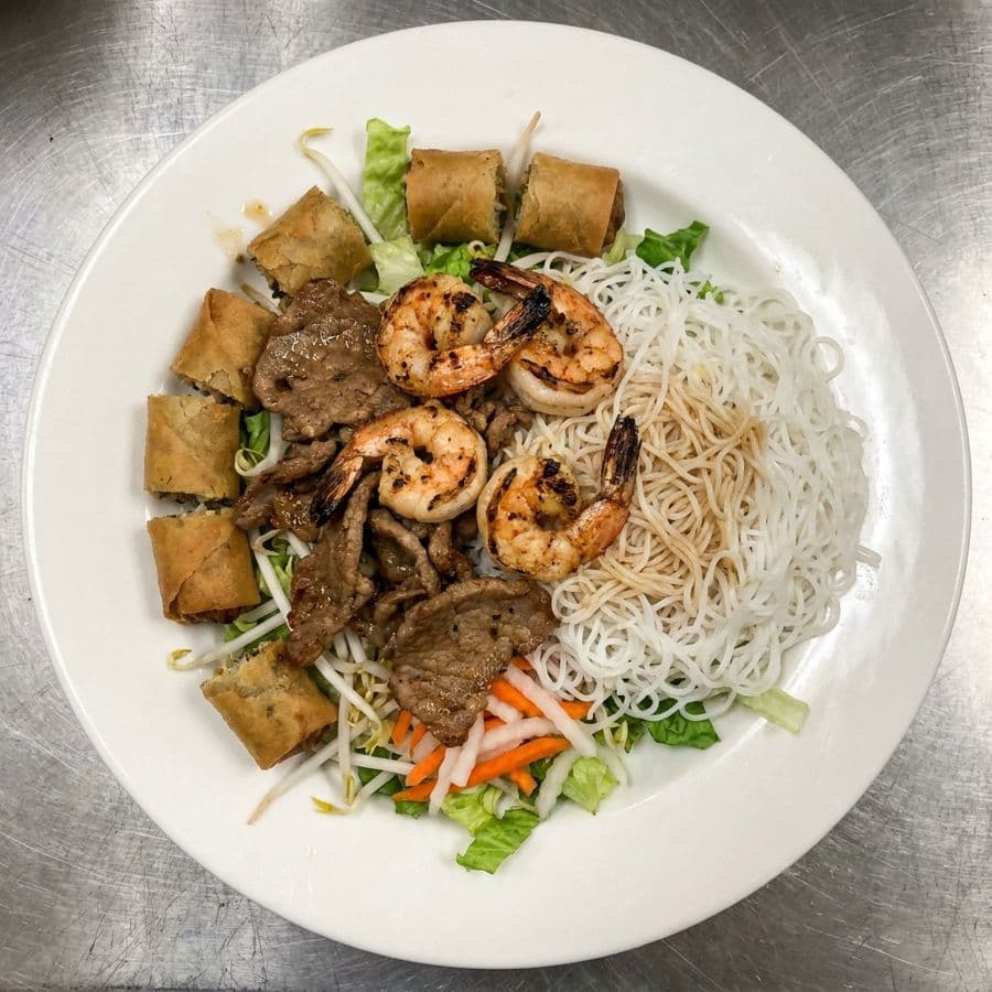 65. Grill Shrimp , marinated pork, spring roll with Rice Vermicelli